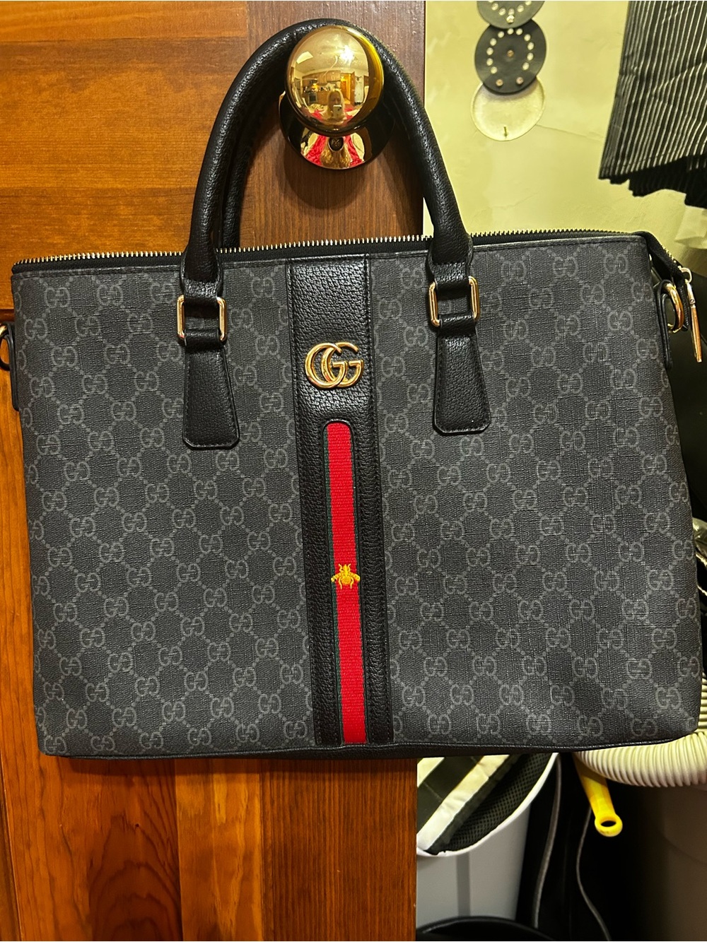 Gucci Black GG Supreme Canvas Briefcase with Red Stripe and Gold Hardware